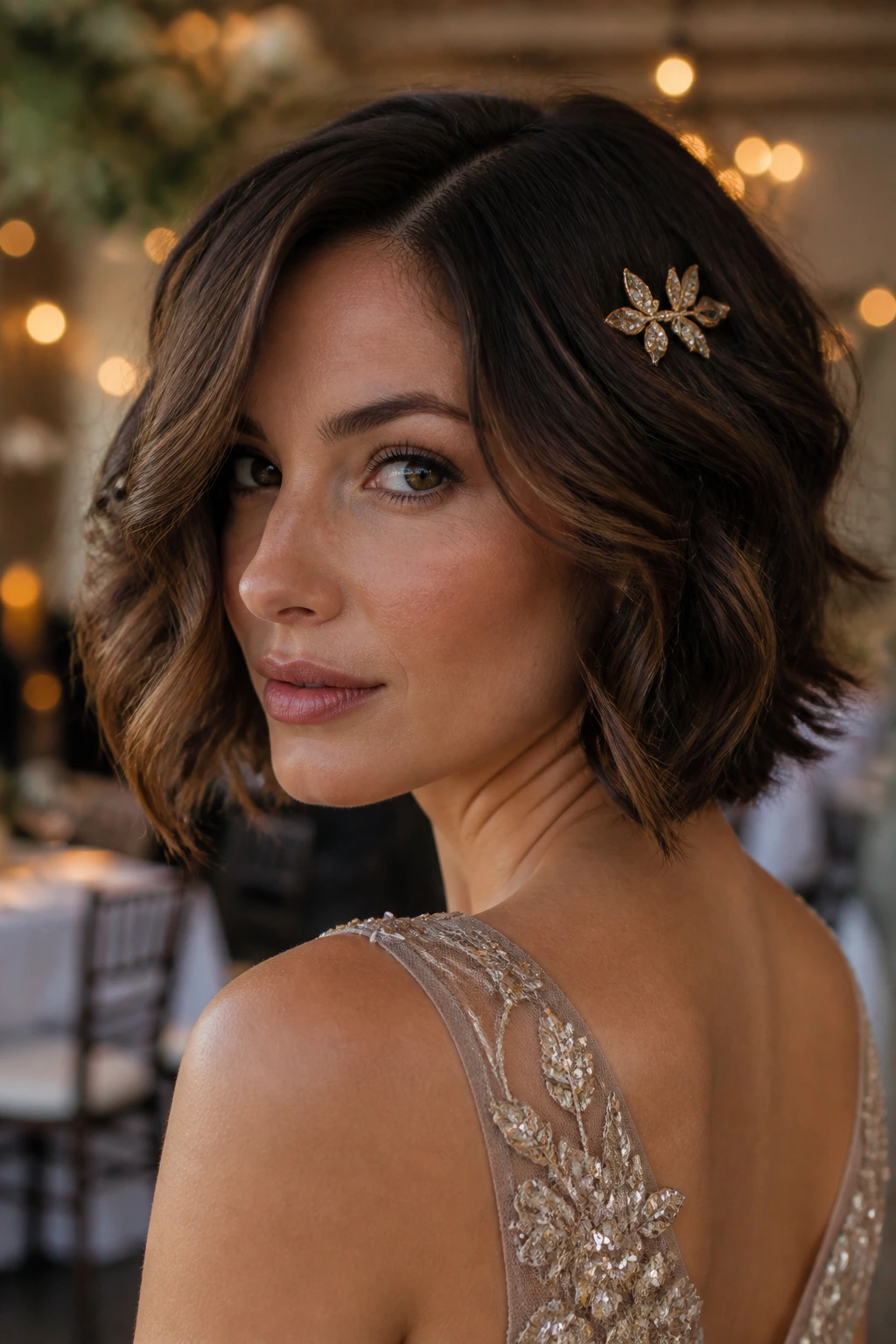 Close-up of a real woman with a soft waved bob in ceremony-ready styling.