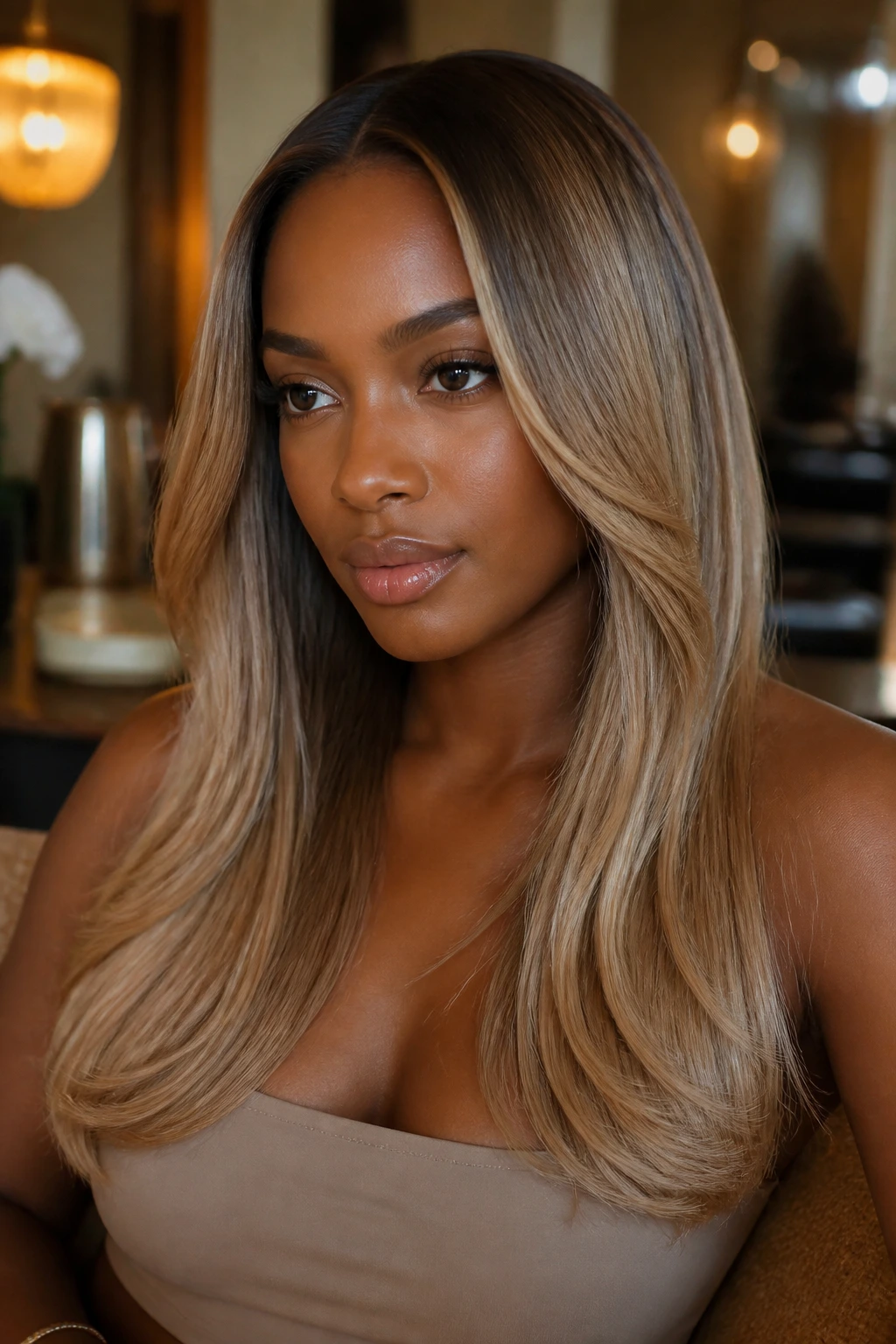 Portrait of a woman with chai ash blonde melt and warm beige tones