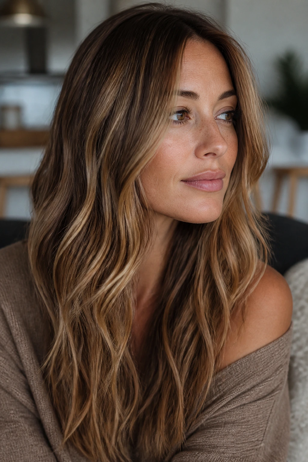 Real person with chai caramel lowlights adding depth to light brown hair