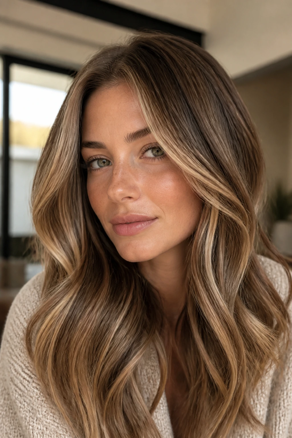 Close-up of chai latte brown hair with creamy ribbons