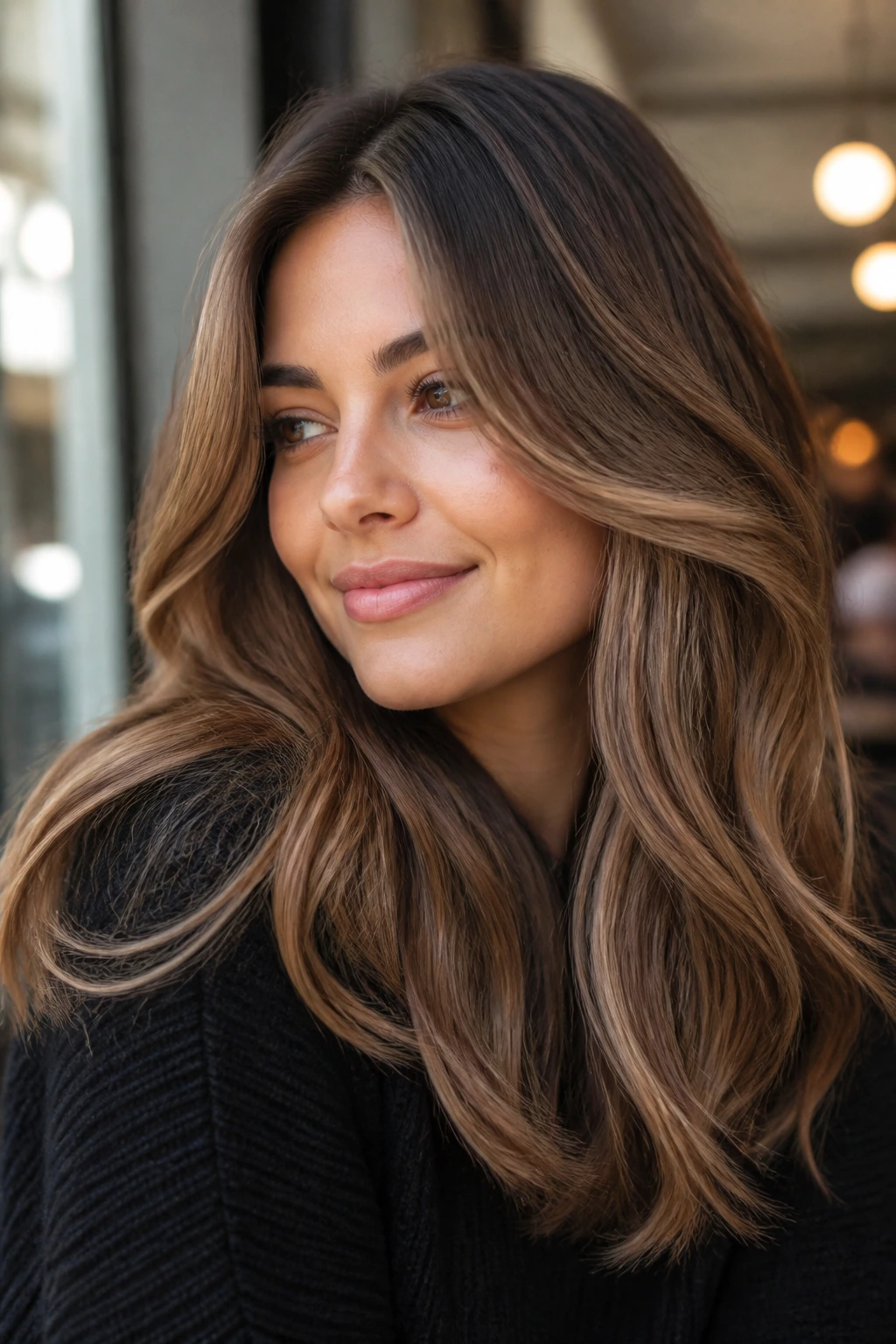 Close-up of a real woman with chai latte brunette hair in soft beige-brown tones