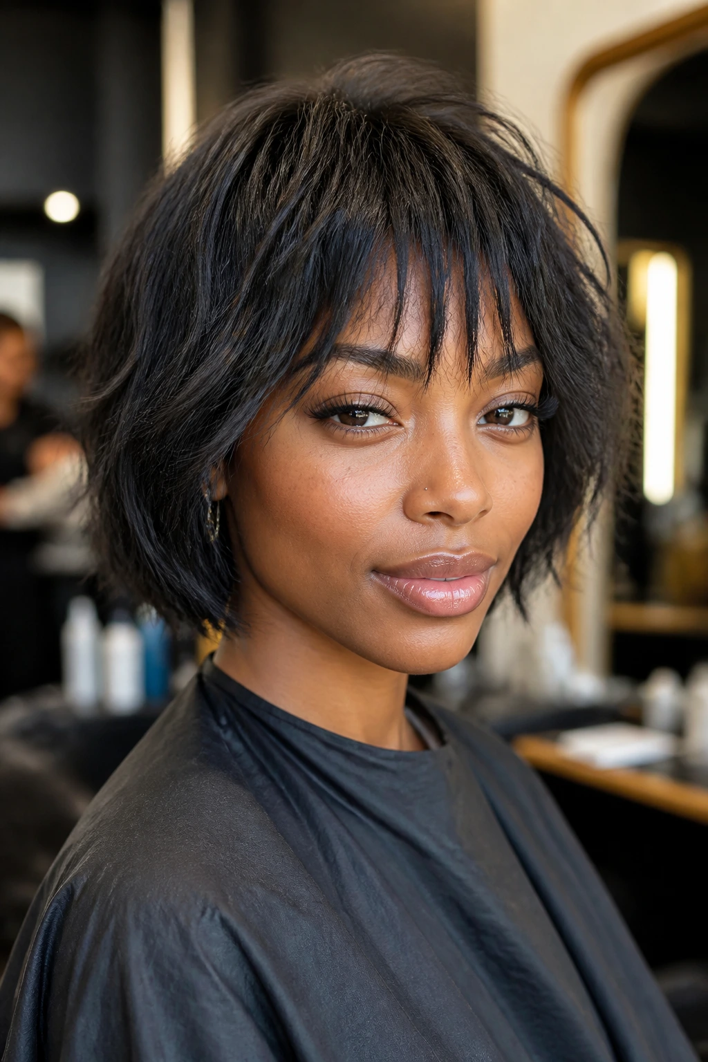 Portrait of a Black woman in a salon setting with a clear front fringe.