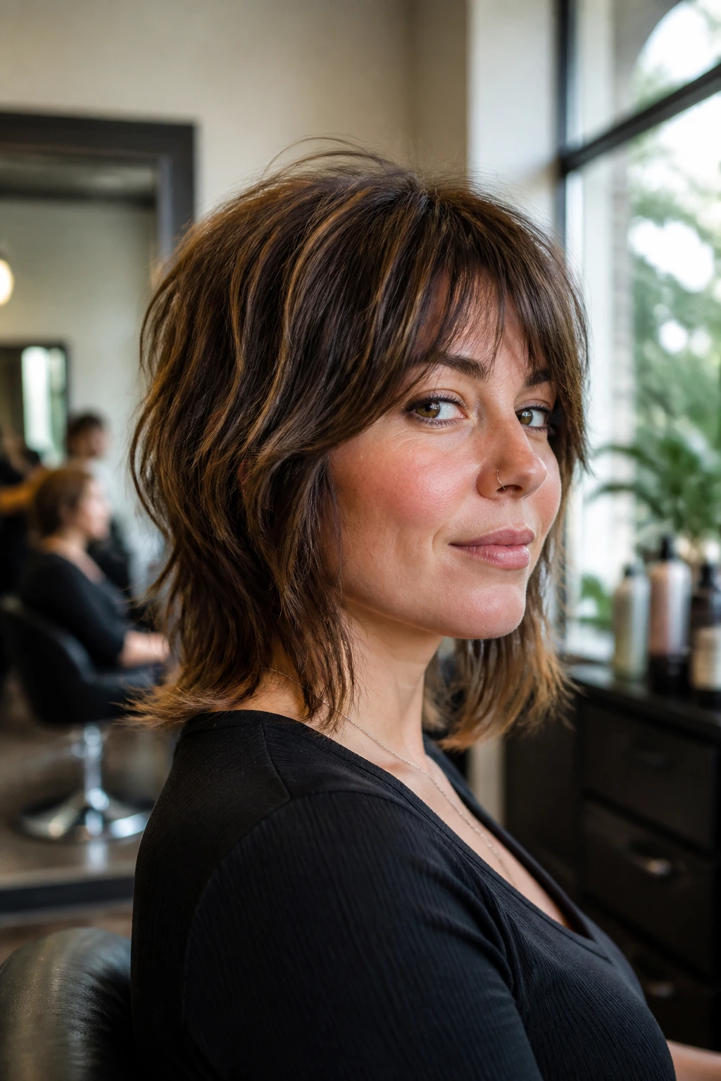 Real person in a salon chair showing layered front and crown lift for a shag