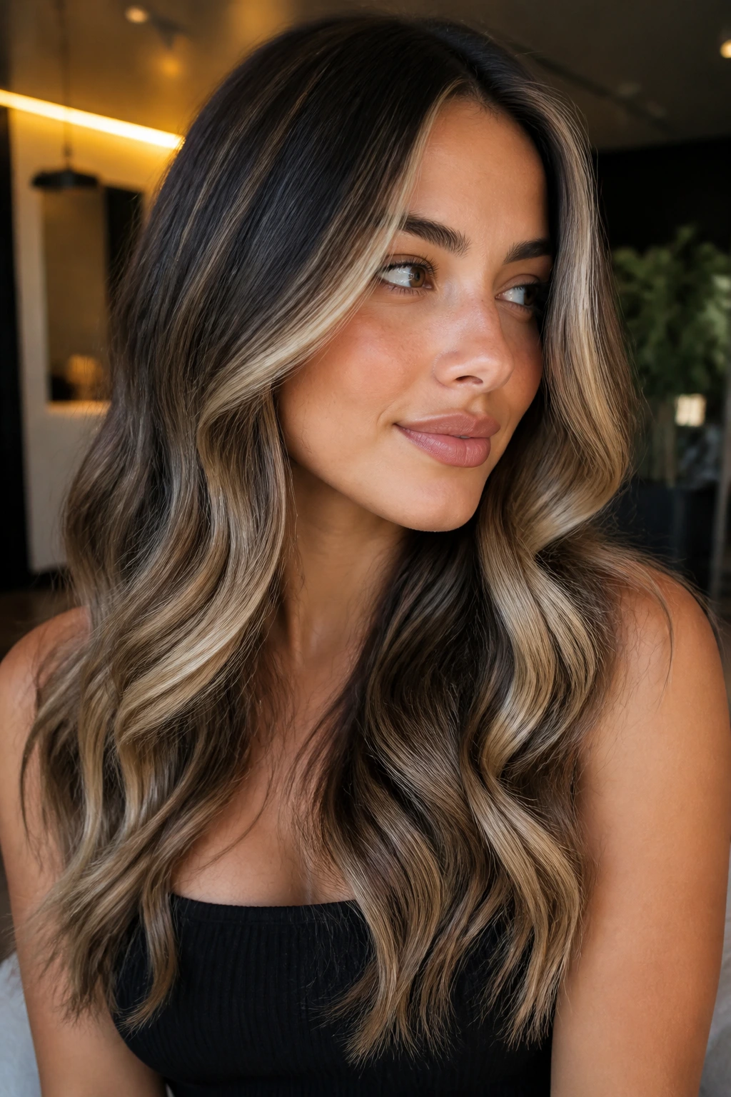 Real woman with champagne accent pieces in wavy hair