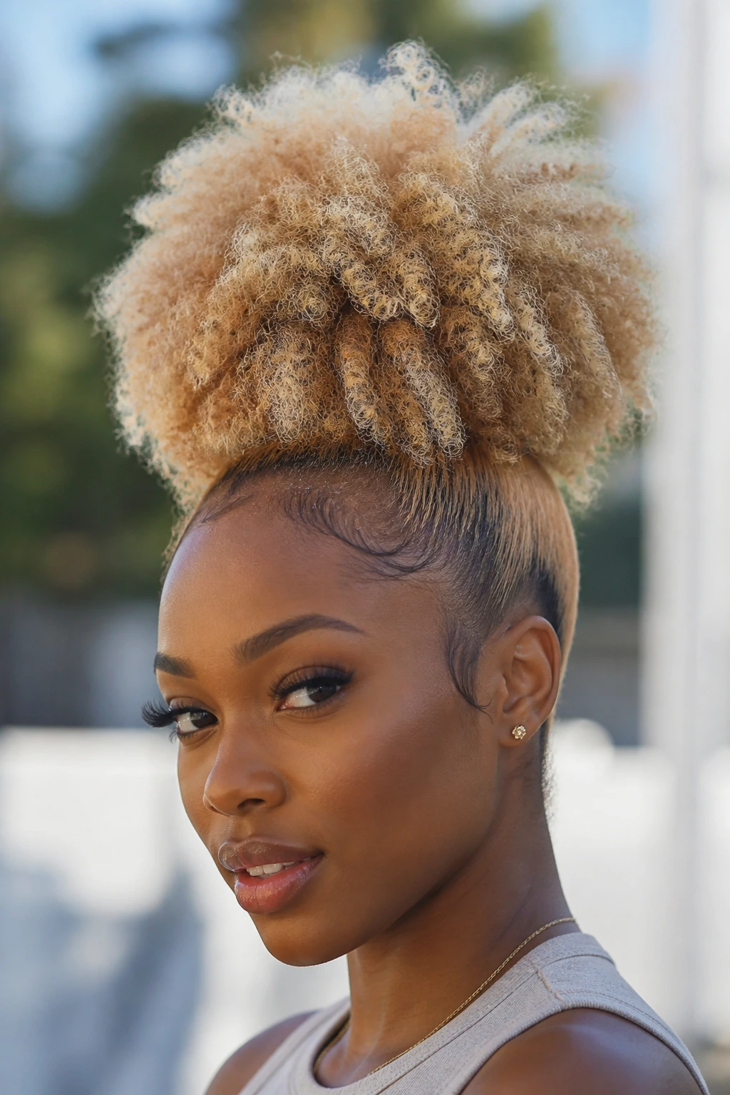 Portrait of a person with a champagne afro puff hairstyle