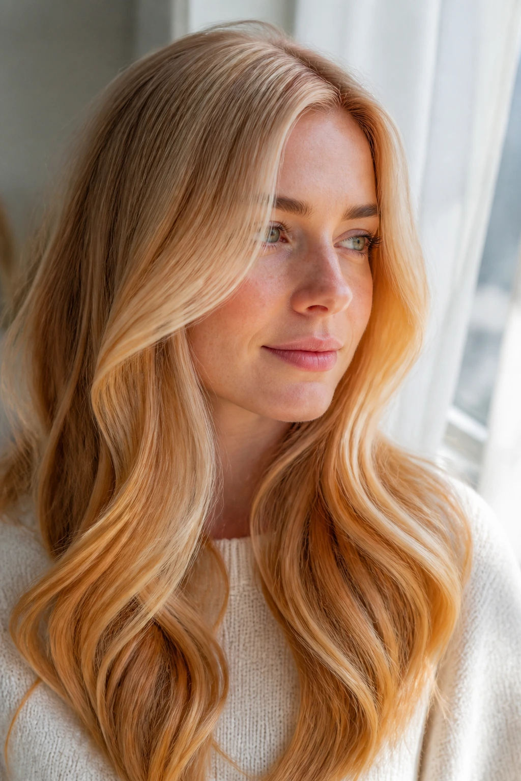 Close-up of a real woman with champagne apricot melt under natural backlight