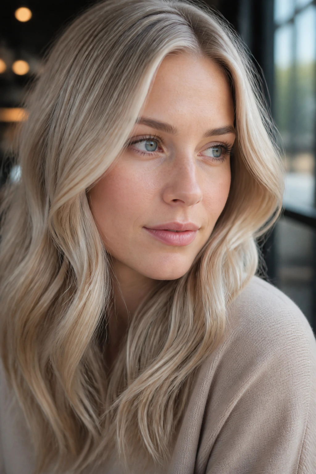 Portrait of a woman with champagne ash blonde hair and soft highlights.