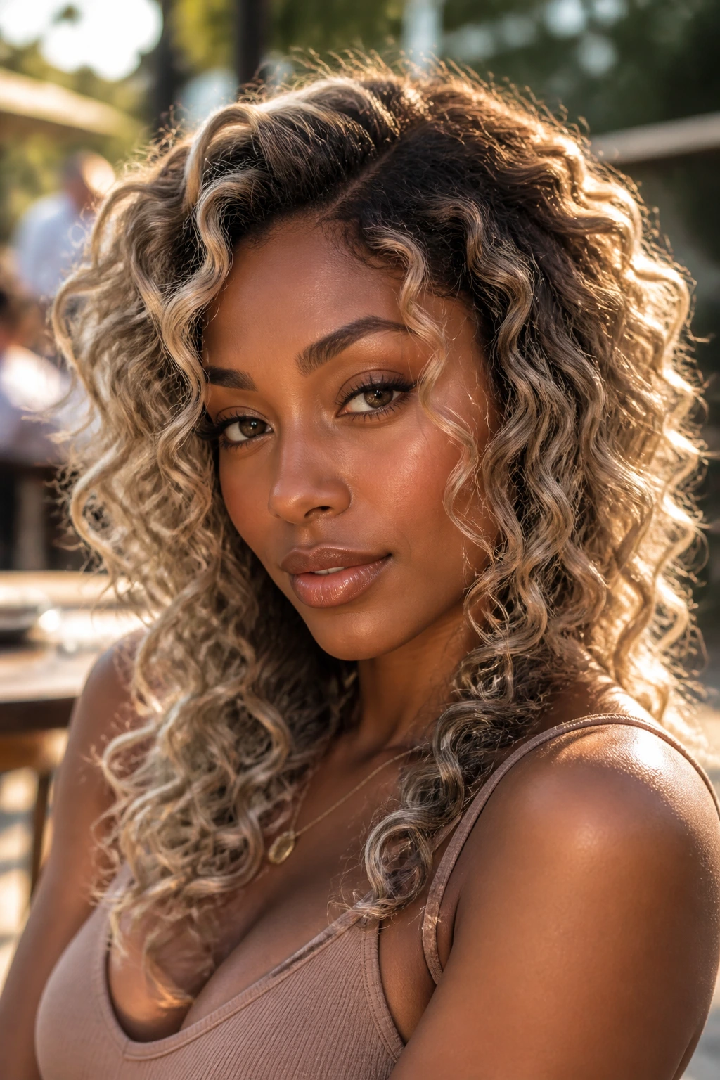 Close-up of a real woman with cool champagne ash curls