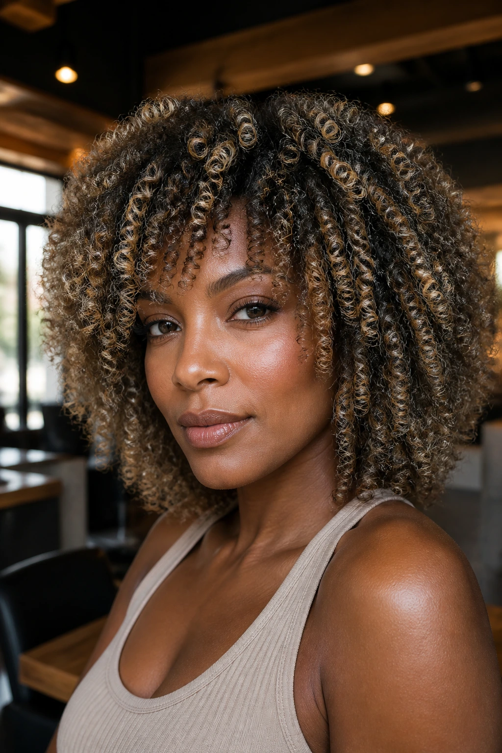 Close-up of a real woman's curly hair with champagne ash foilyage on coils in warm salon light