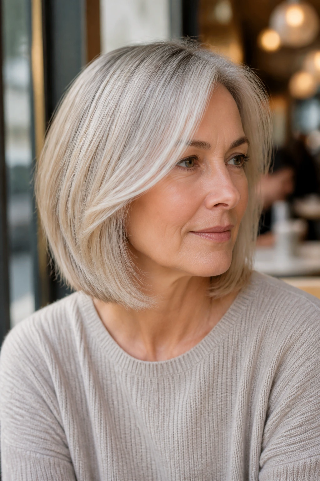 Portrait of a woman with champagne ash lob and invisible layers
