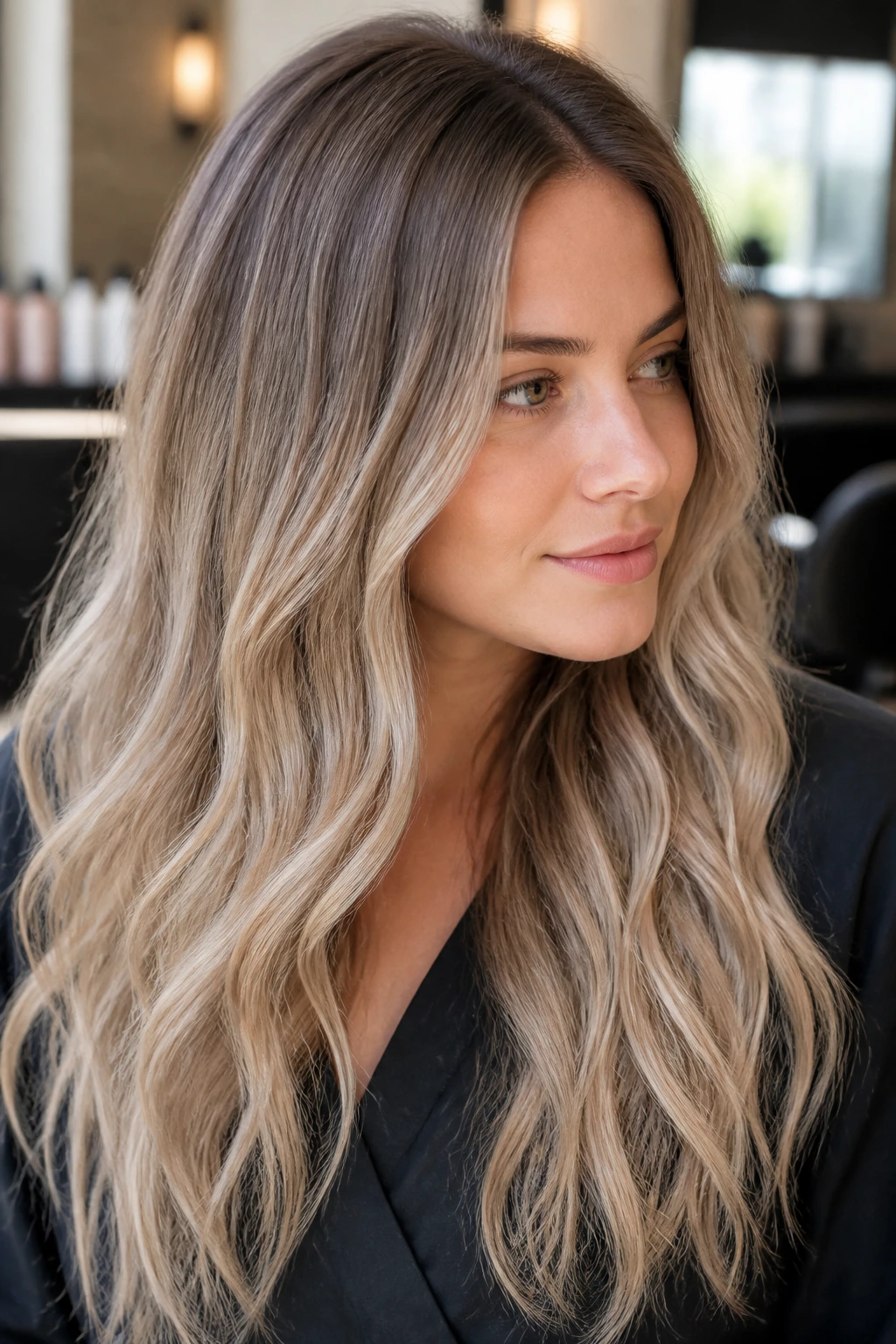 Champagne ash ombré with a smudged root on long hair