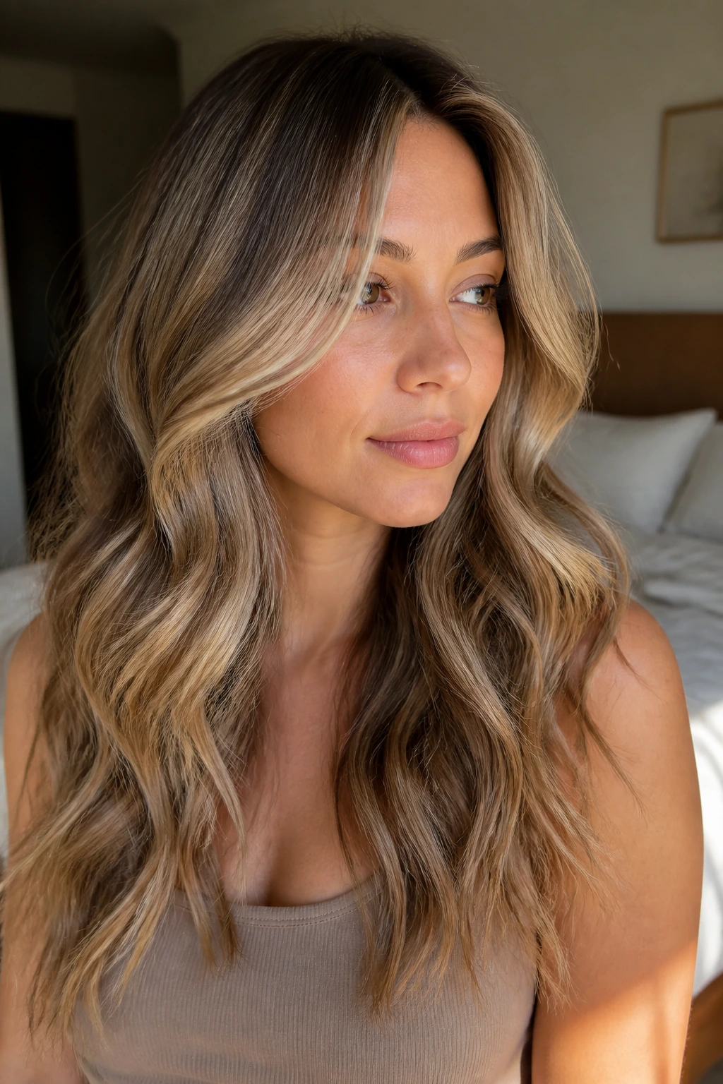 Close-up of a woman with soft invisible layers and champagne babylights in warm light