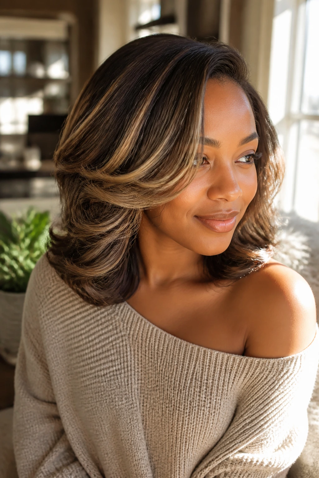 Shoulder-length hair with soft layers and champagne babylights on top