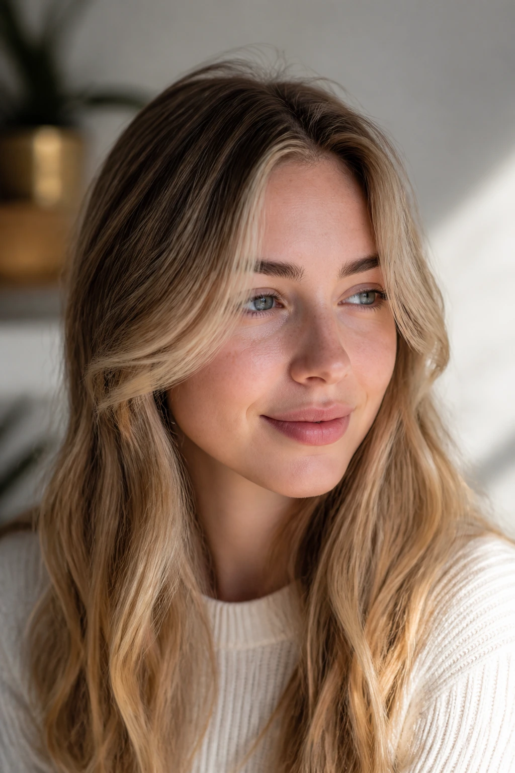 Portrait of a woman with champagne babylights around the temples for pale skin in warm light.