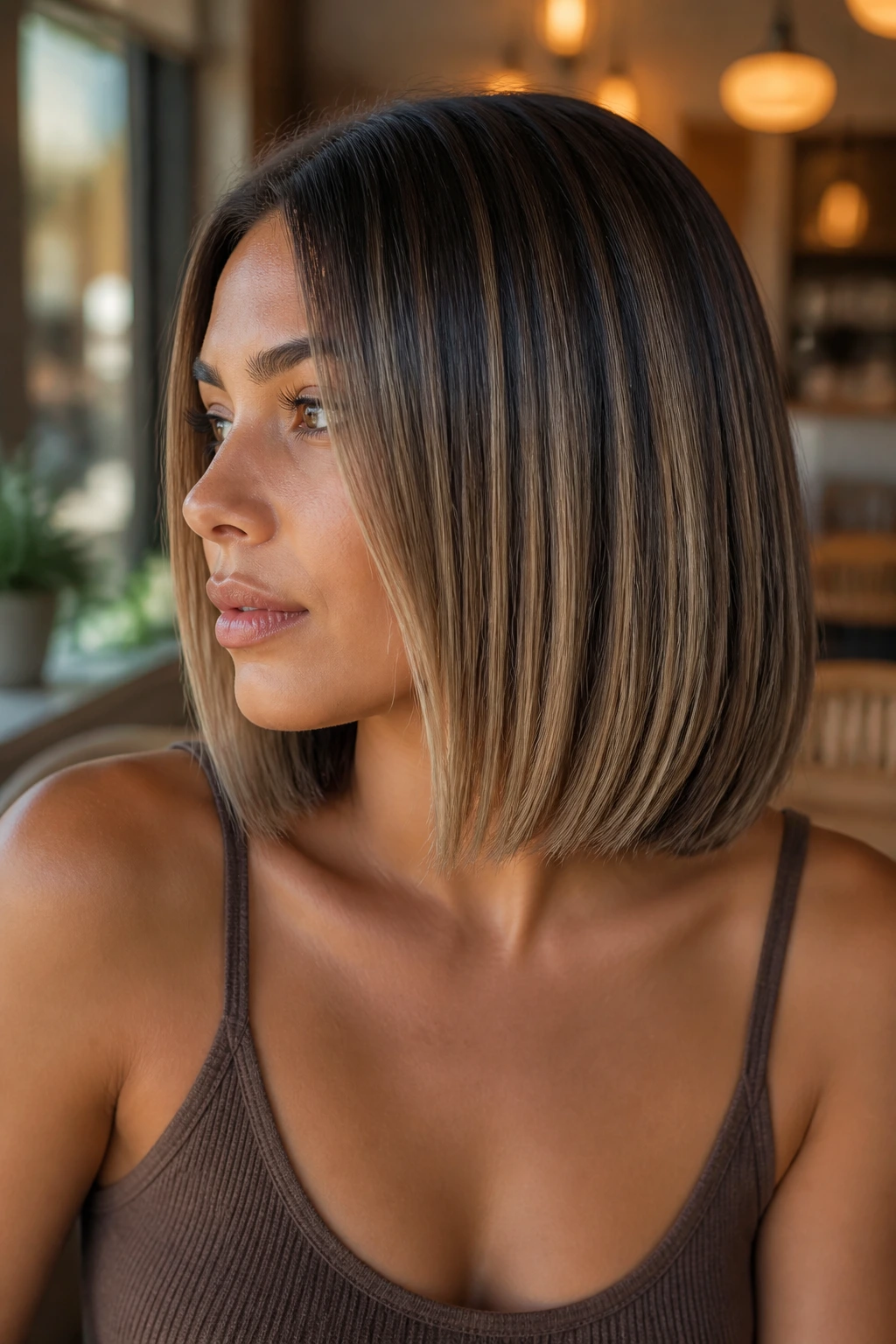 Real woman with blunt bob and soft champagne balayage