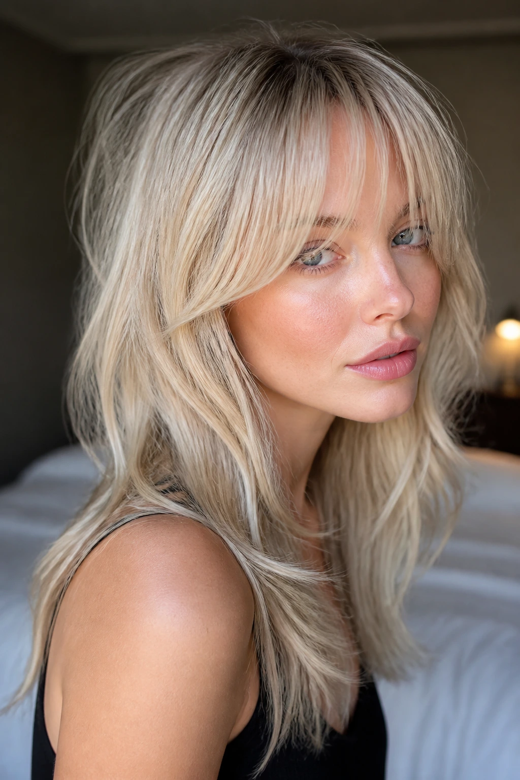 Close-up portrait of a real woman with cheekbone-grazing bangs and cool champagne balayage