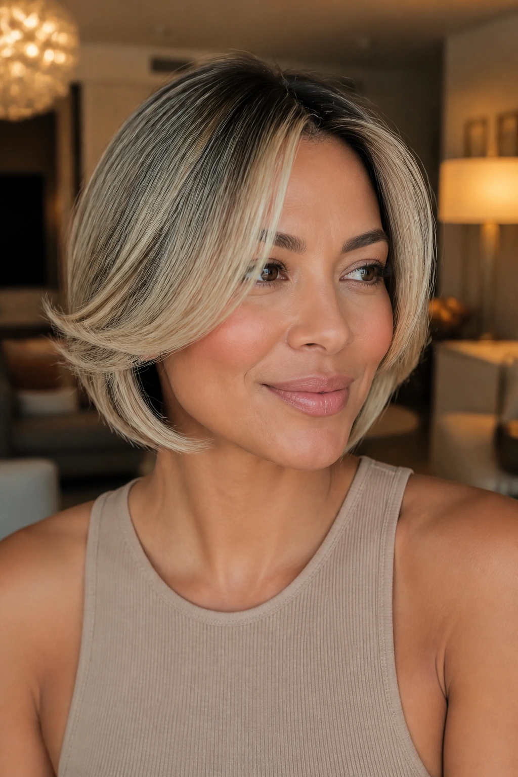 Portrait of a woman with cool champagne flipped bob