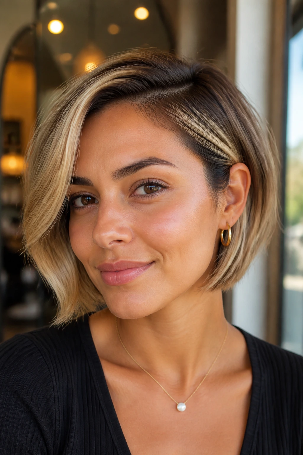Model with champagne-dusted French bob on neutral-toned skin