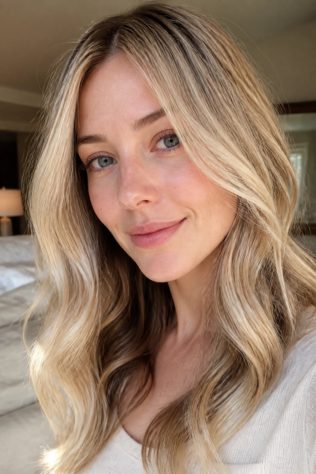 Real woman portrait highlighting champagne gold balayage with bright crown pieces and face-framing highlights