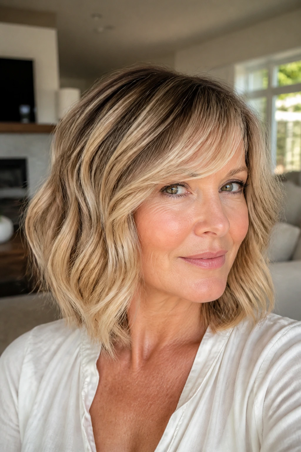 Woman with champagne balayage lob and feathered bangs in warm window light.