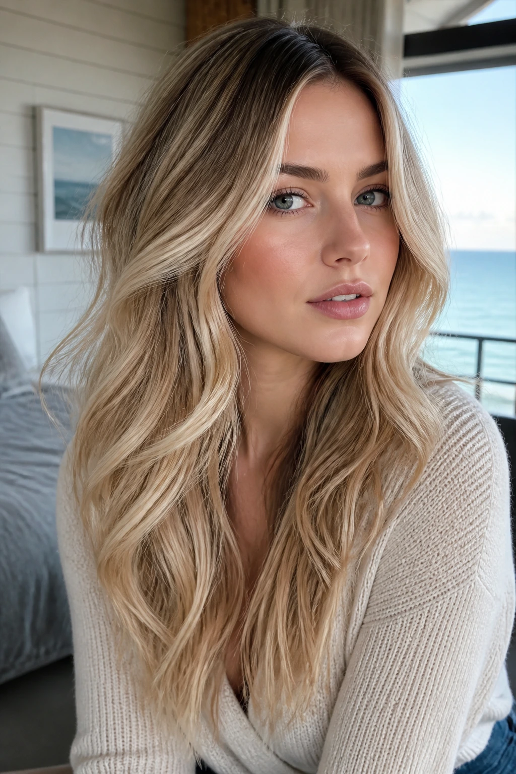 Woman with champagne balayage on long layers in soft daylight