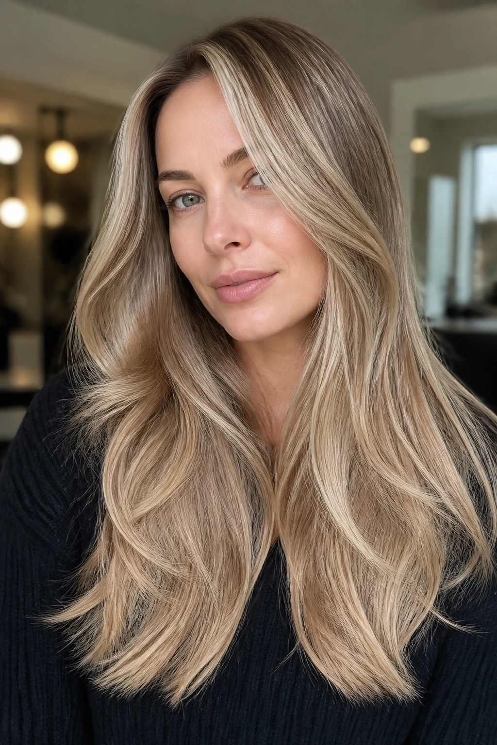 Close-up of long layered hair with cool champagne balayage on a real woman