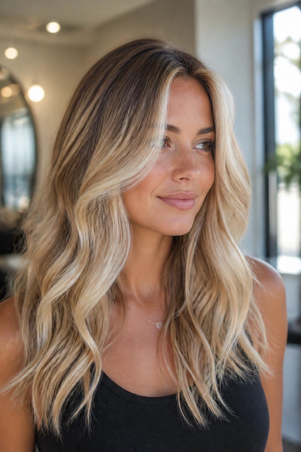 Medium close-up of a real woman with champagne balayage and long layers