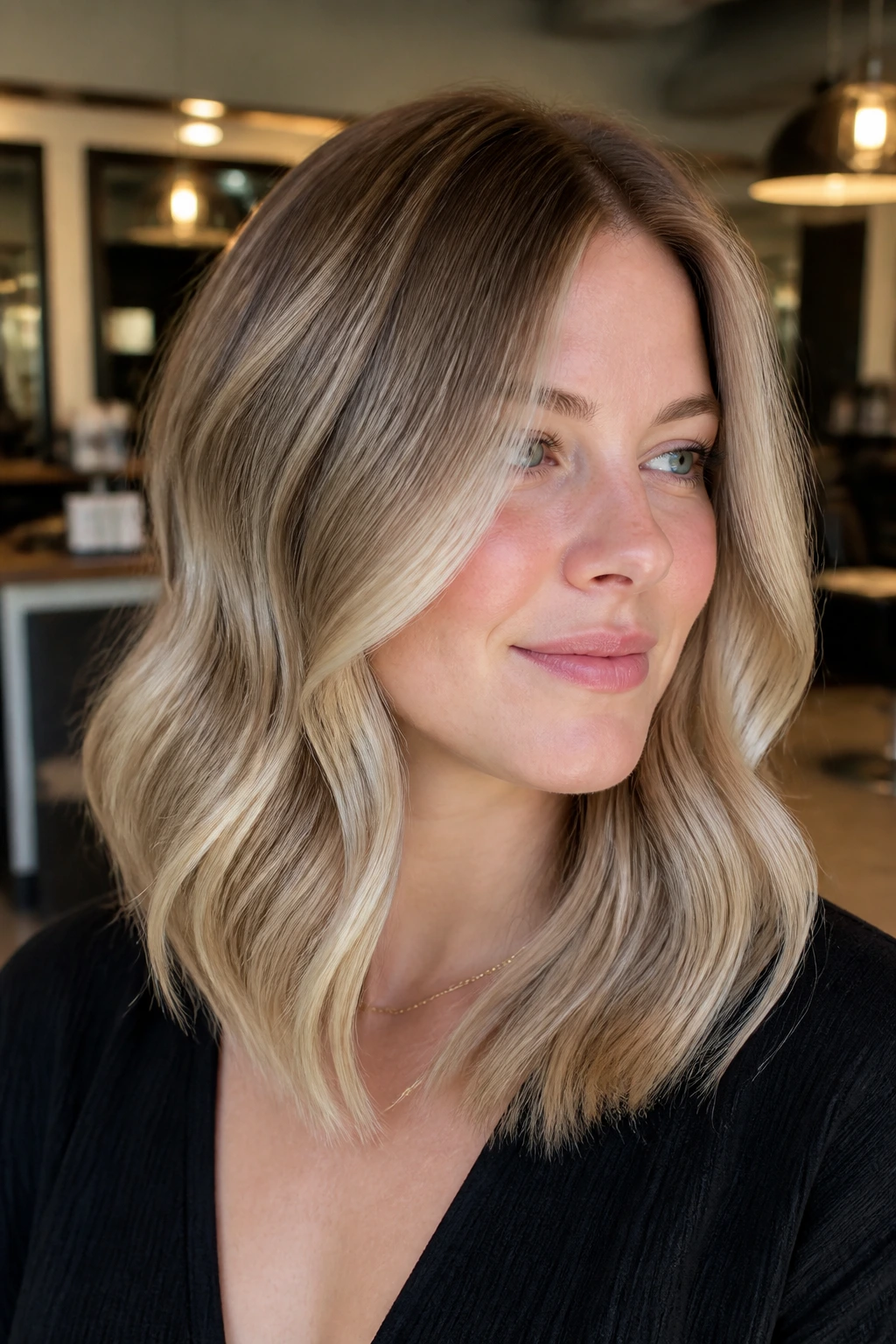 Portrait of pale-skinned woman with champagne veil balayage near cheekbones