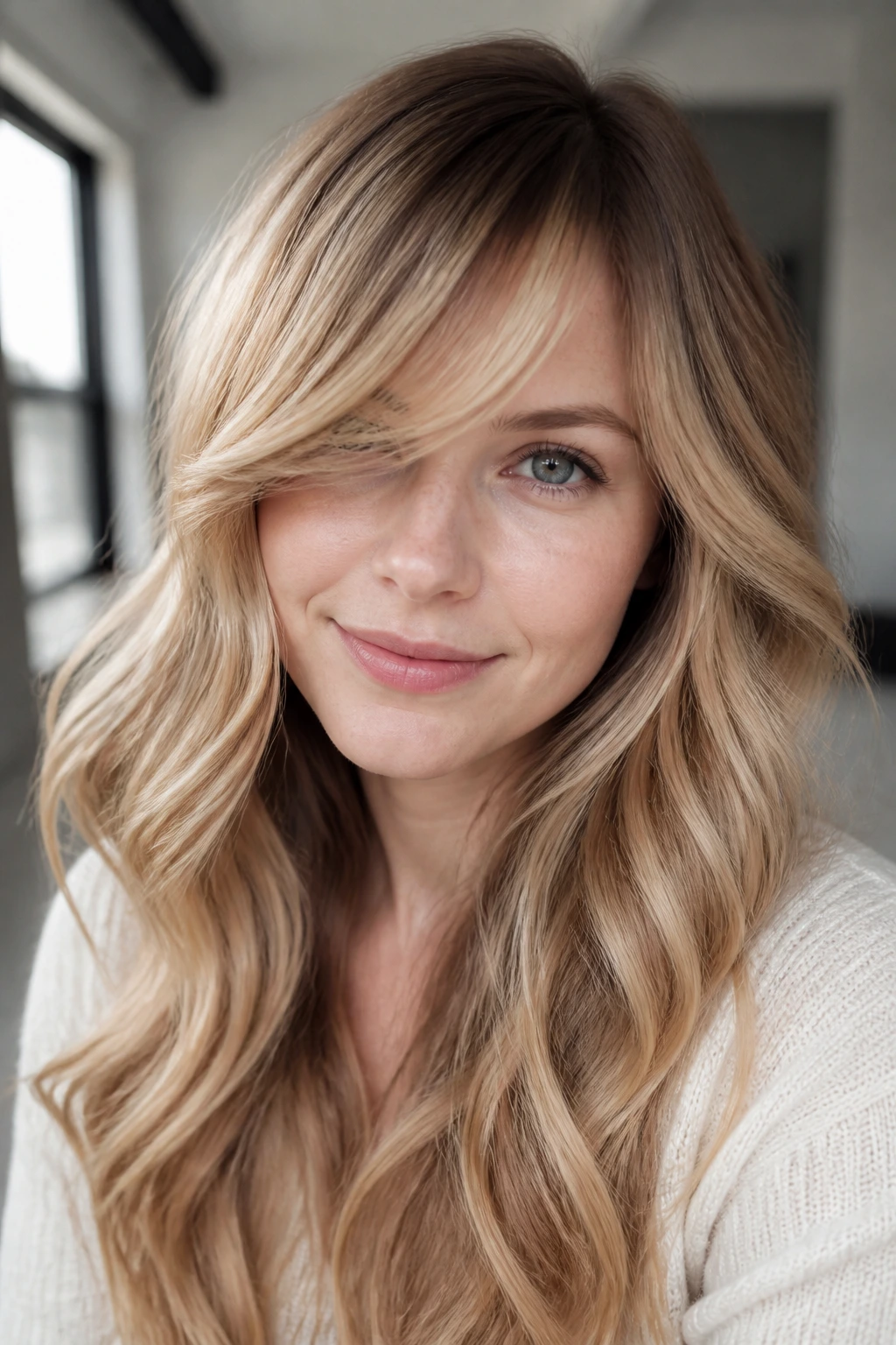 Portrait of a real person with champagne balayage and long swept bangs
