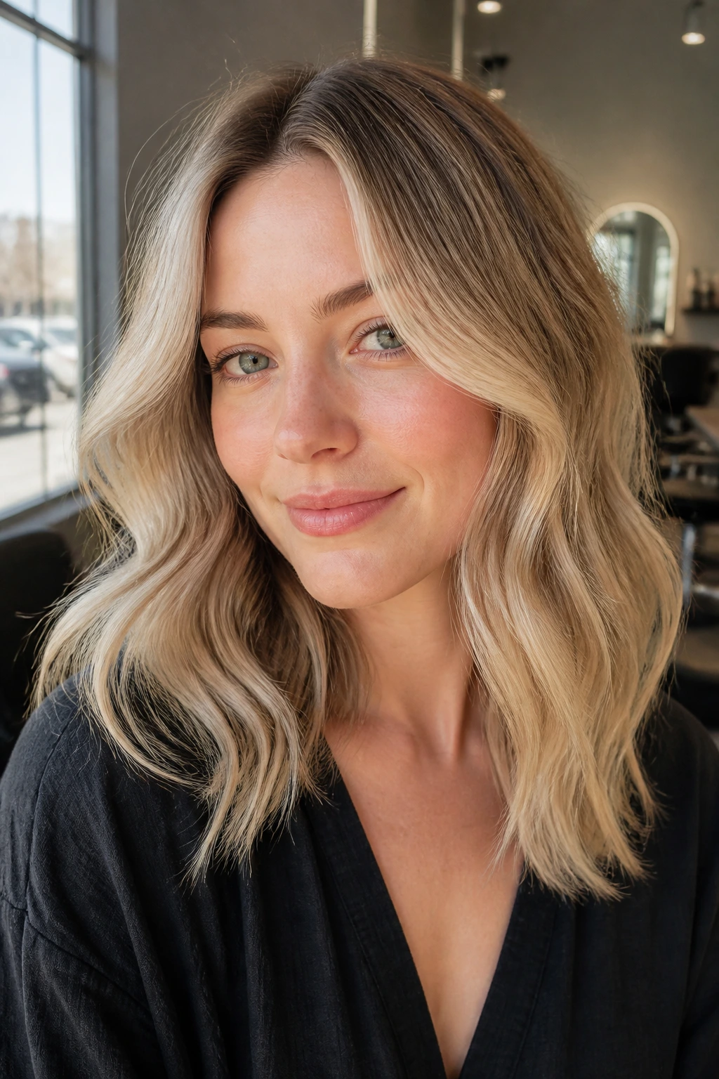 Close-up of a woman with champagne beige balayage near the cheekbones