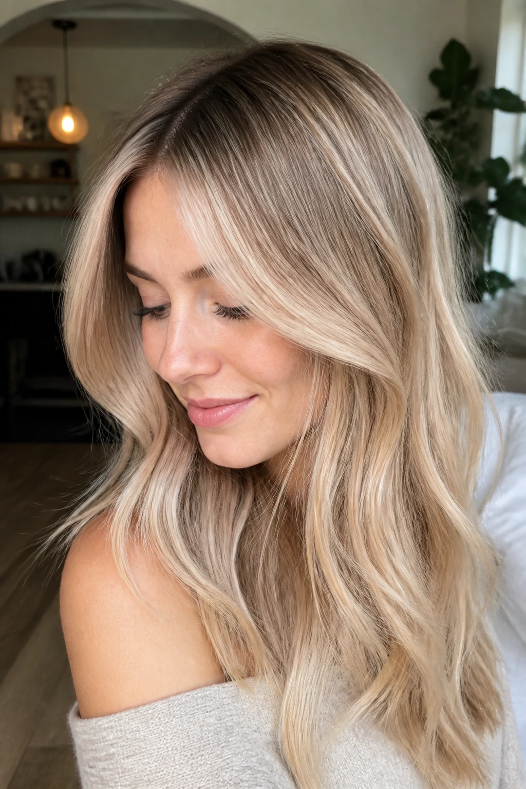 Portrait of a real woman with champagne beige blonde and gentle glow