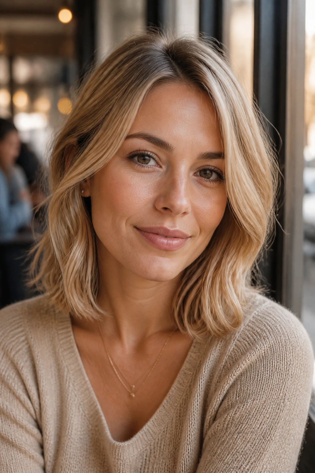Close-up of a real woman with champagne beige blonde collarbone-length waves