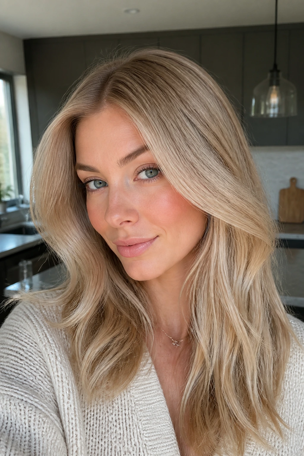 Portrait of a woman with champagne beige blonde hair in morning light