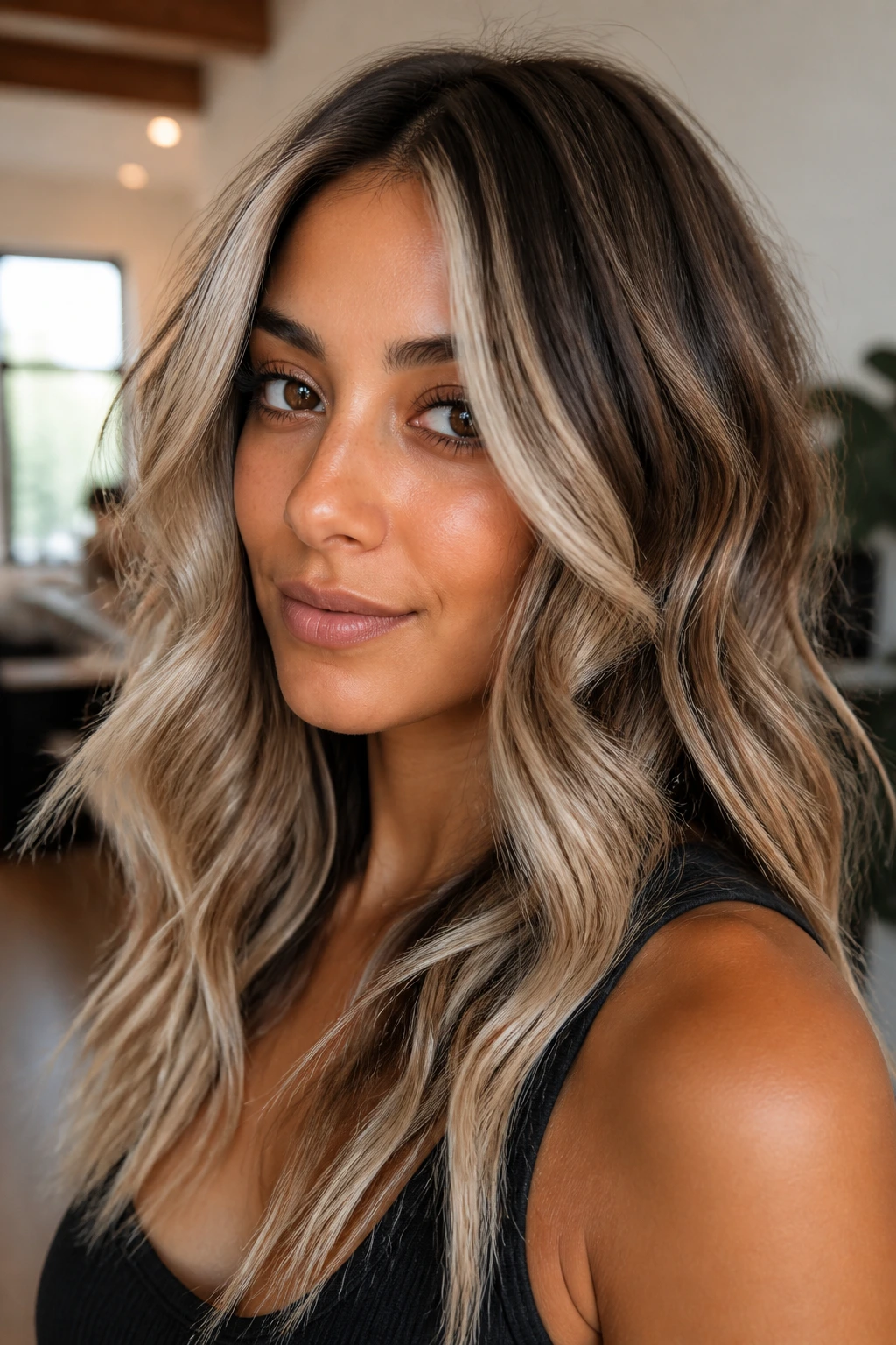 Close-up of a real woman with medium skin tone and champagne beige foils in beachy waves.