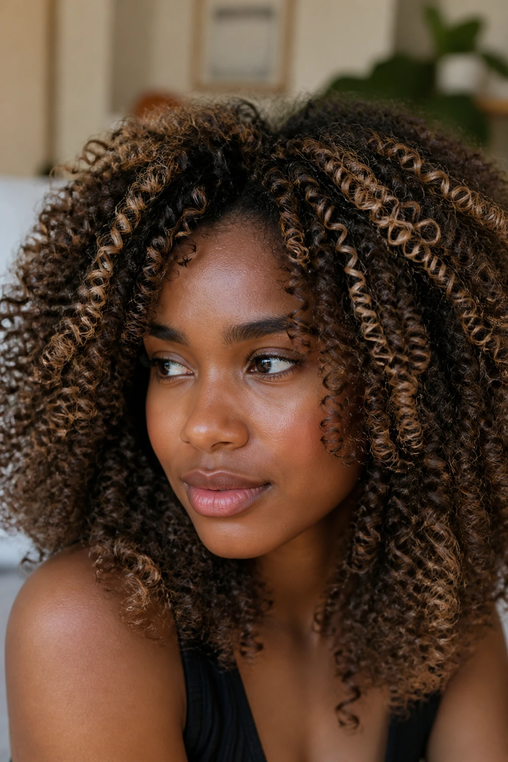 Close-up of a real person with curly hair showing champagne beige lights in ribbons.