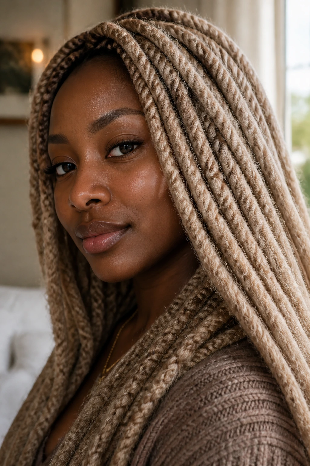 Close-up of a real woman with champagne beige Marley twists, hair dominating the frame
