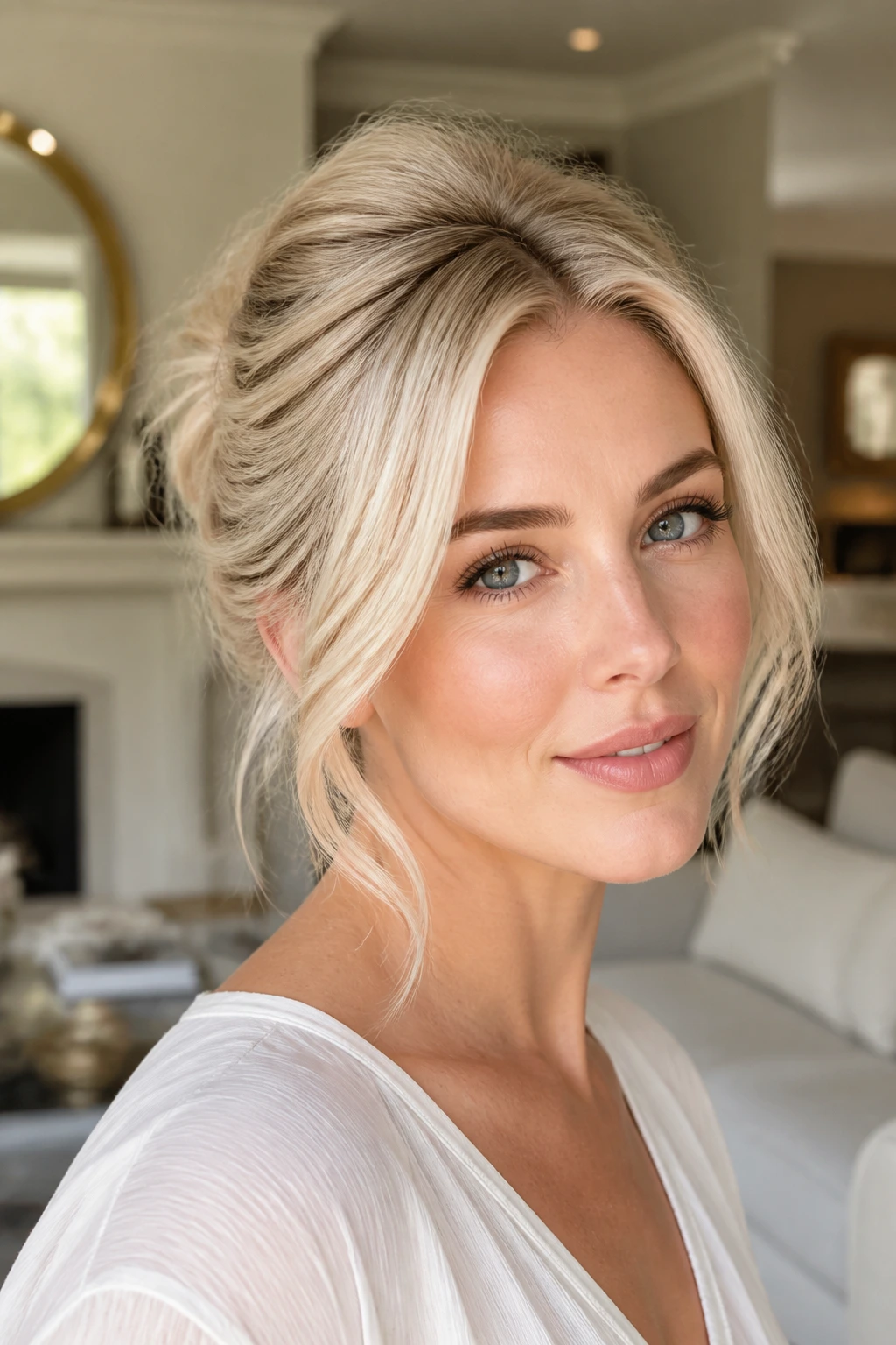 Close-up of a real woman with champagne beige platinum hair in an updo-friendly style.