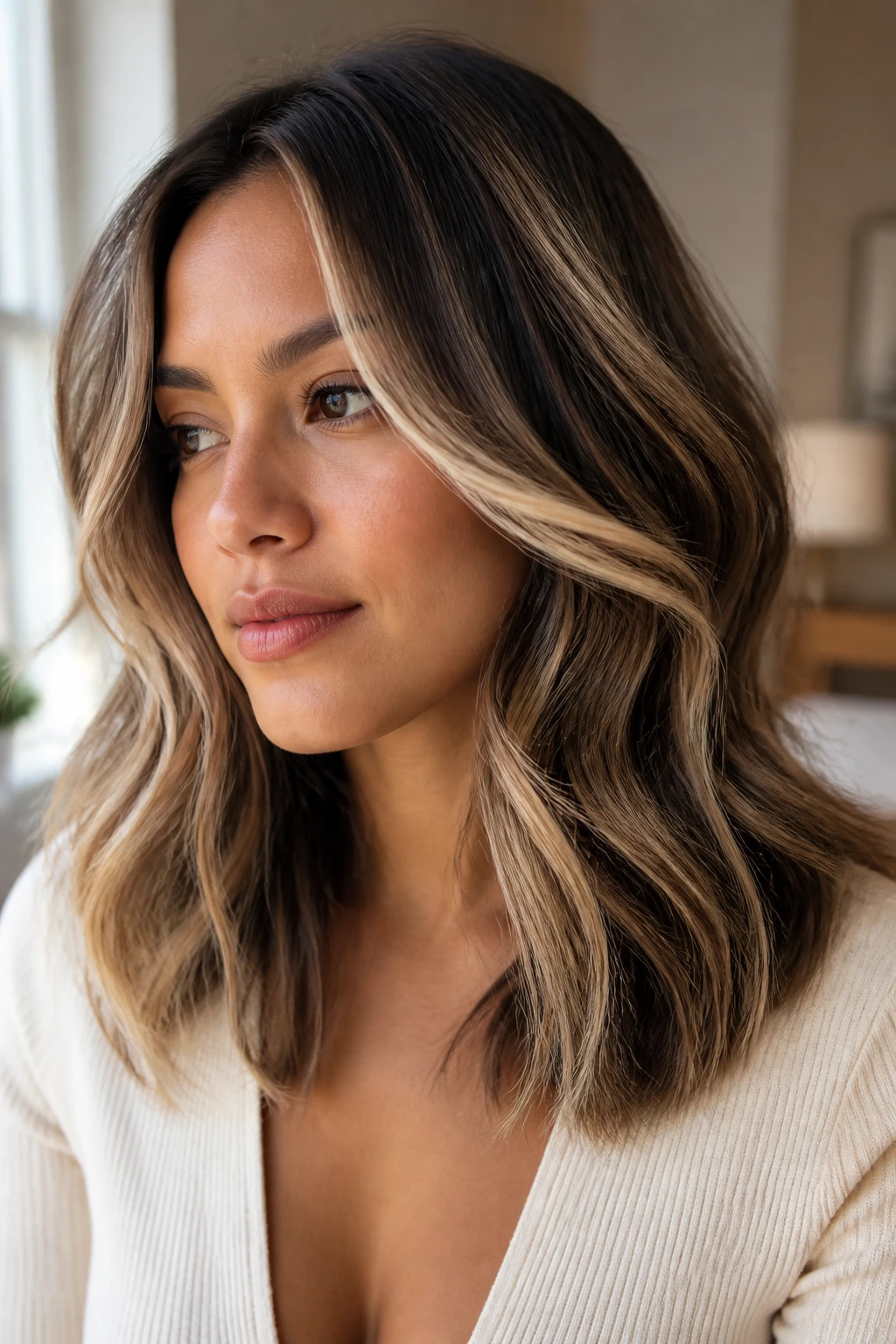 Close-up of hair featuring champagne beige ribbons through mid-lengths in soft morning light