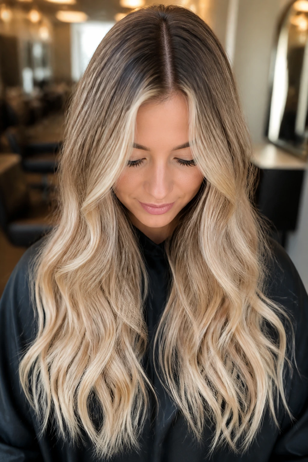 Close-up portrait of a person with champagne beige hair and dark root depth at the crown, warm window light