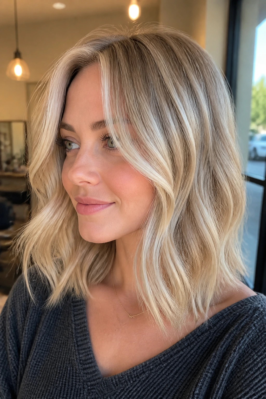 Portrait of a woman with champagne beige blonde and smoky lowlights.