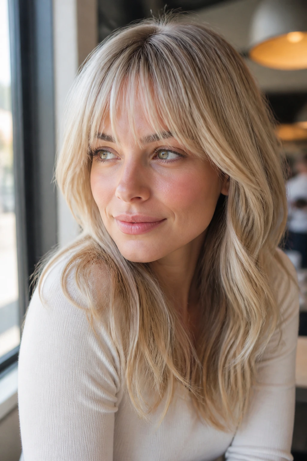 Close-up of a person with cool champagne blonde and airy bangs in a sunlit setting
