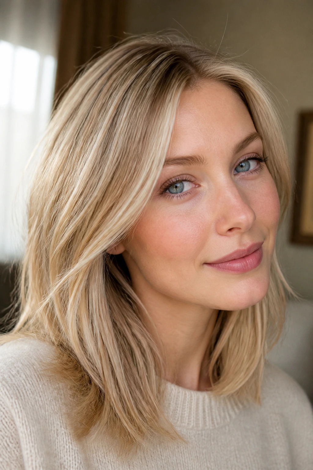 Close-up of a real woman with champagne blonde baby lights woven in fine hair