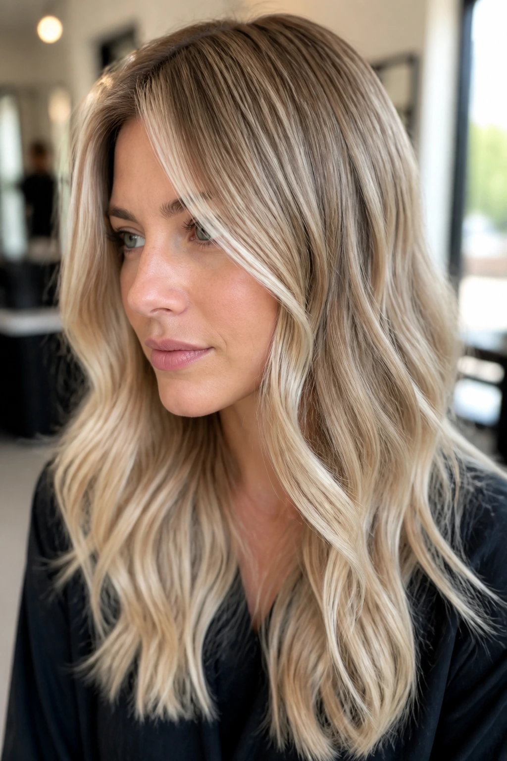 Close-up of a woman with champagne blonde babylights and face framing ribbons
