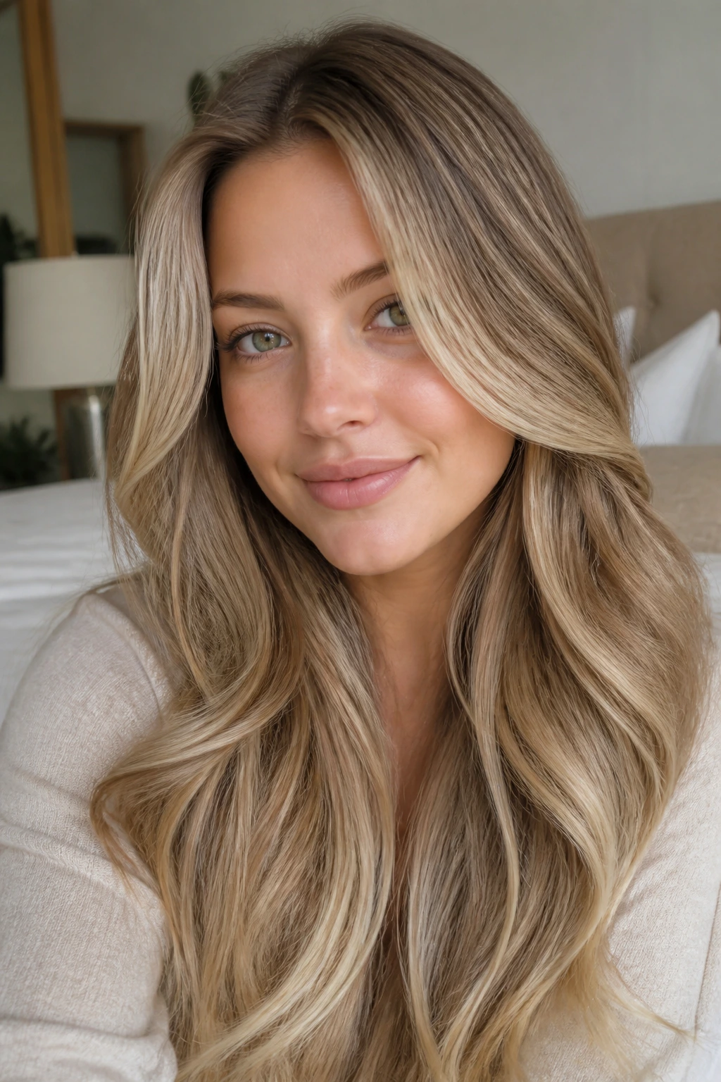 Close-up portrait of a real person with champagne blonde hair on a dark blonde base