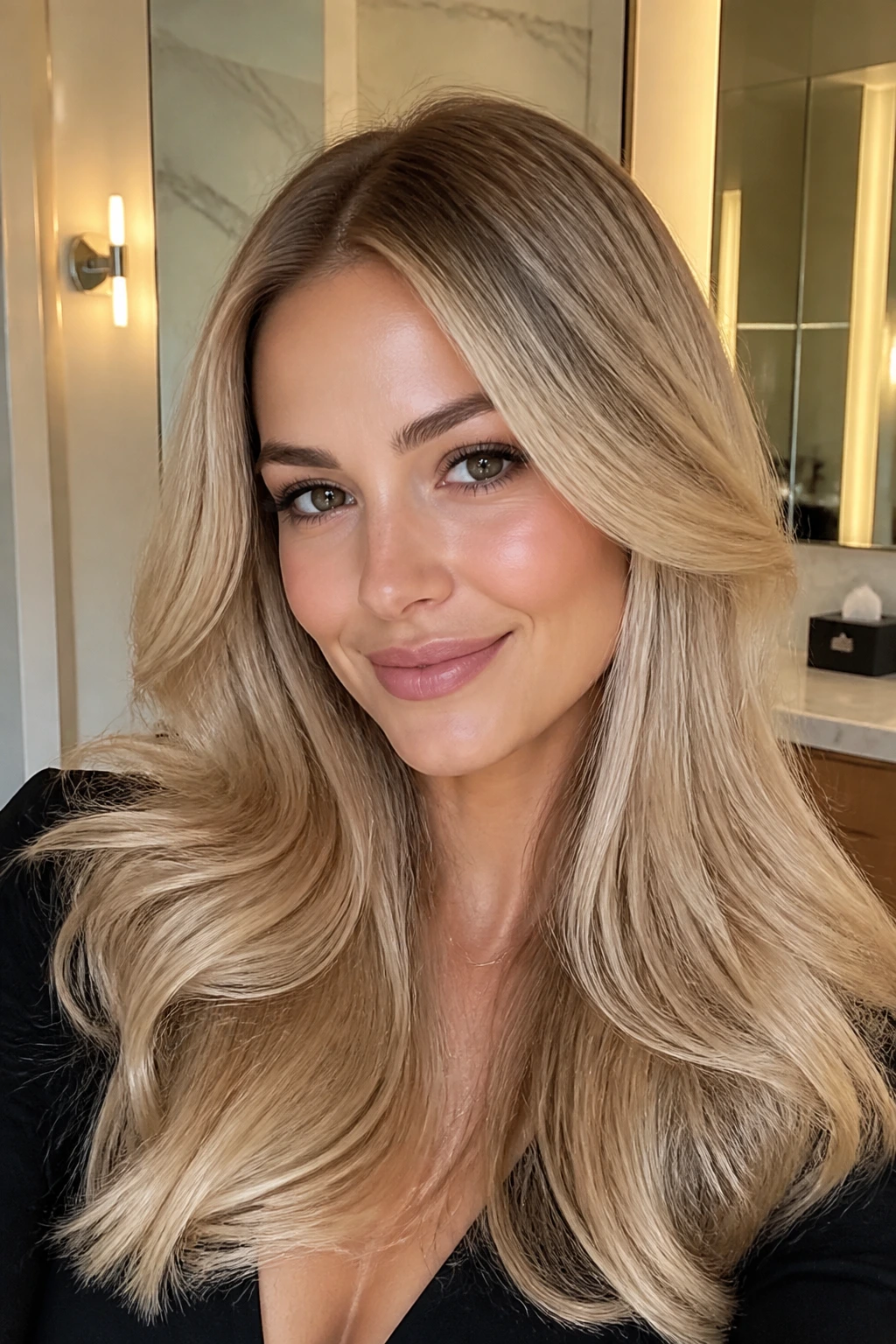 Portrait of a real woman with champagne blonde blowout and beige-gold roots.