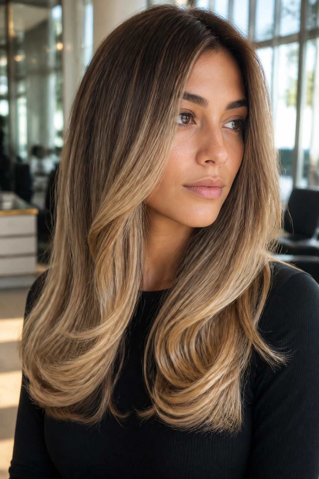 Close-up portrait of a real person with a cool champagne blonde blowout