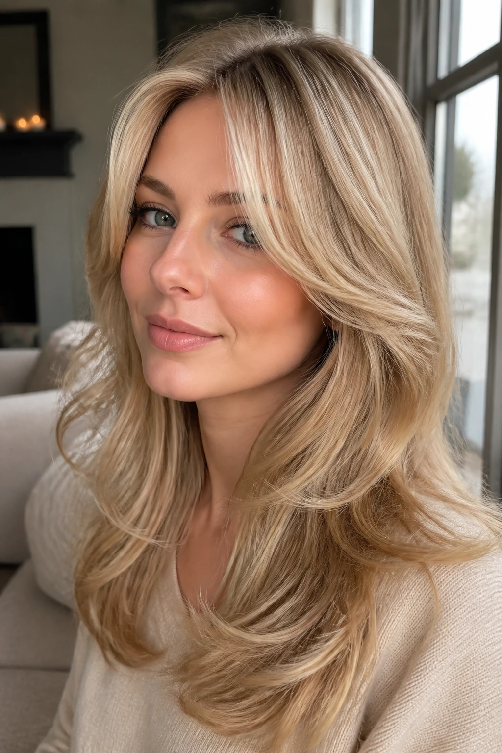 Woman with champagne blonde blowout layers and curtain bangs in a warm, softly lit room
