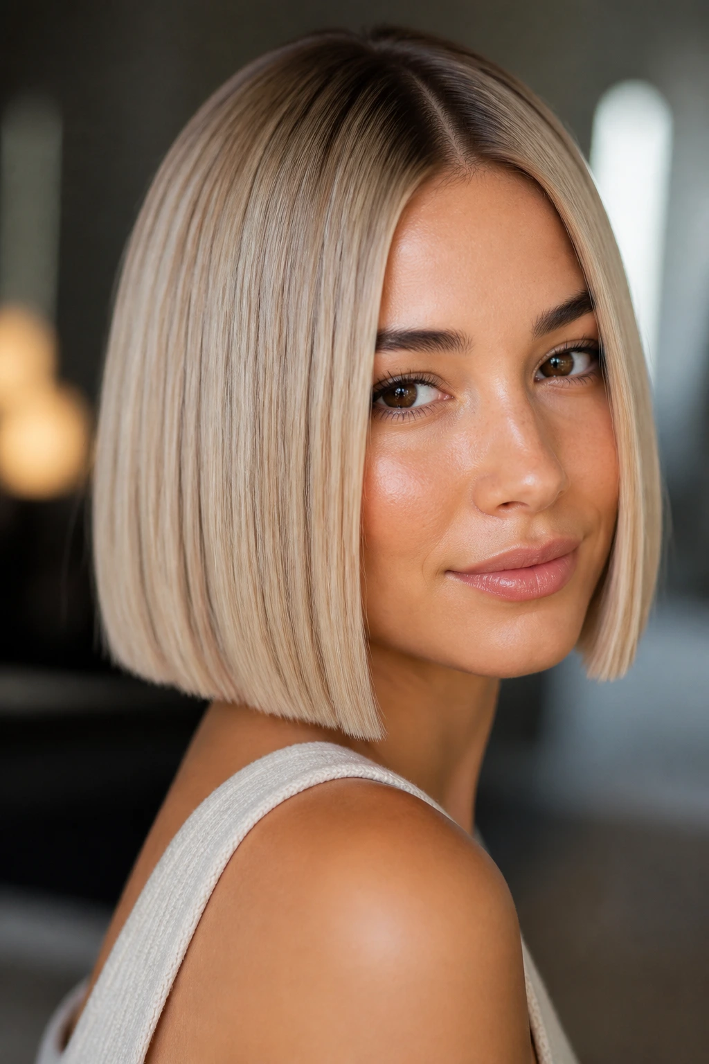 Portrait of a woman with champagne blonde blunt bob