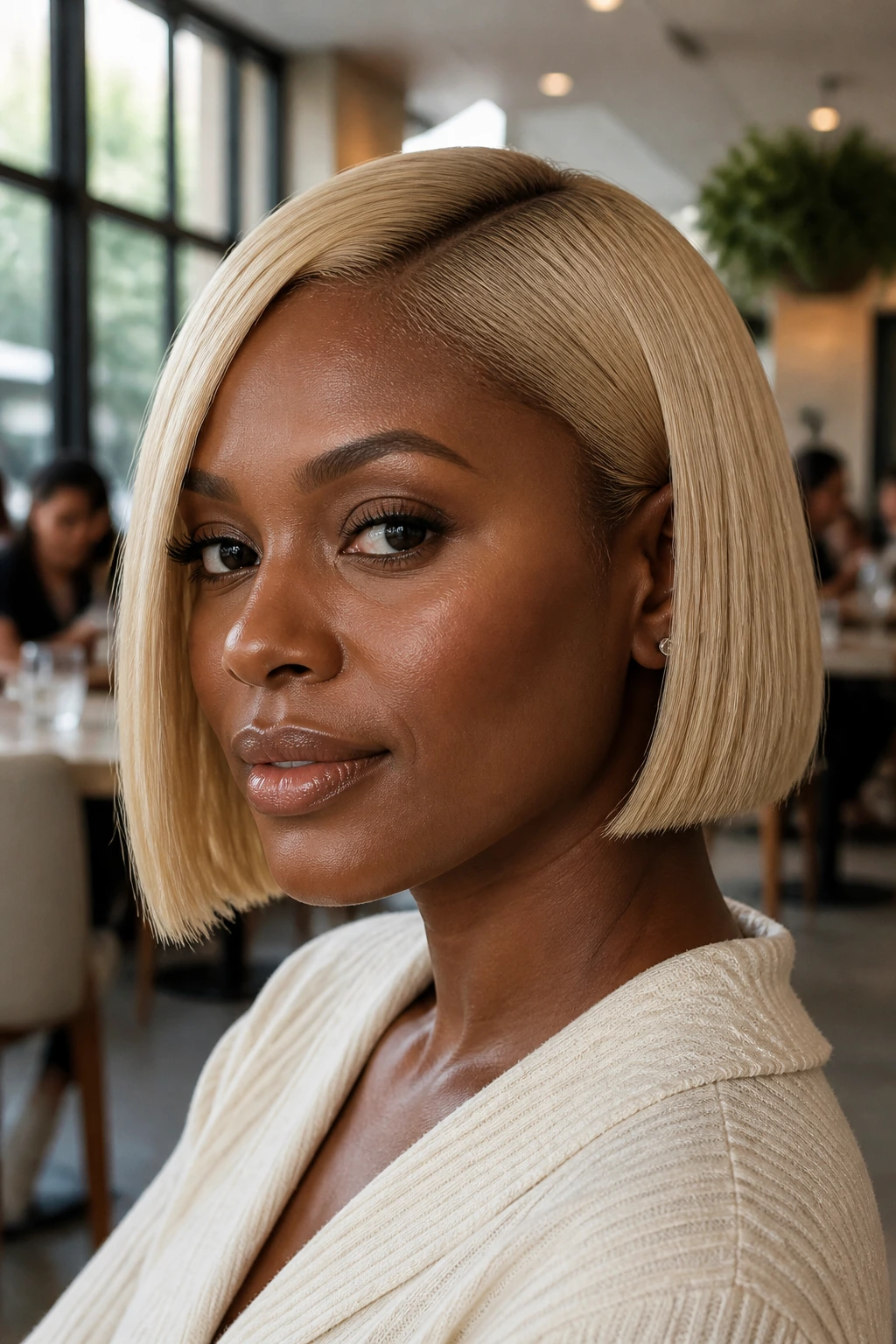 Close-up of a person with a champagne blonde blunt bob and precise ends