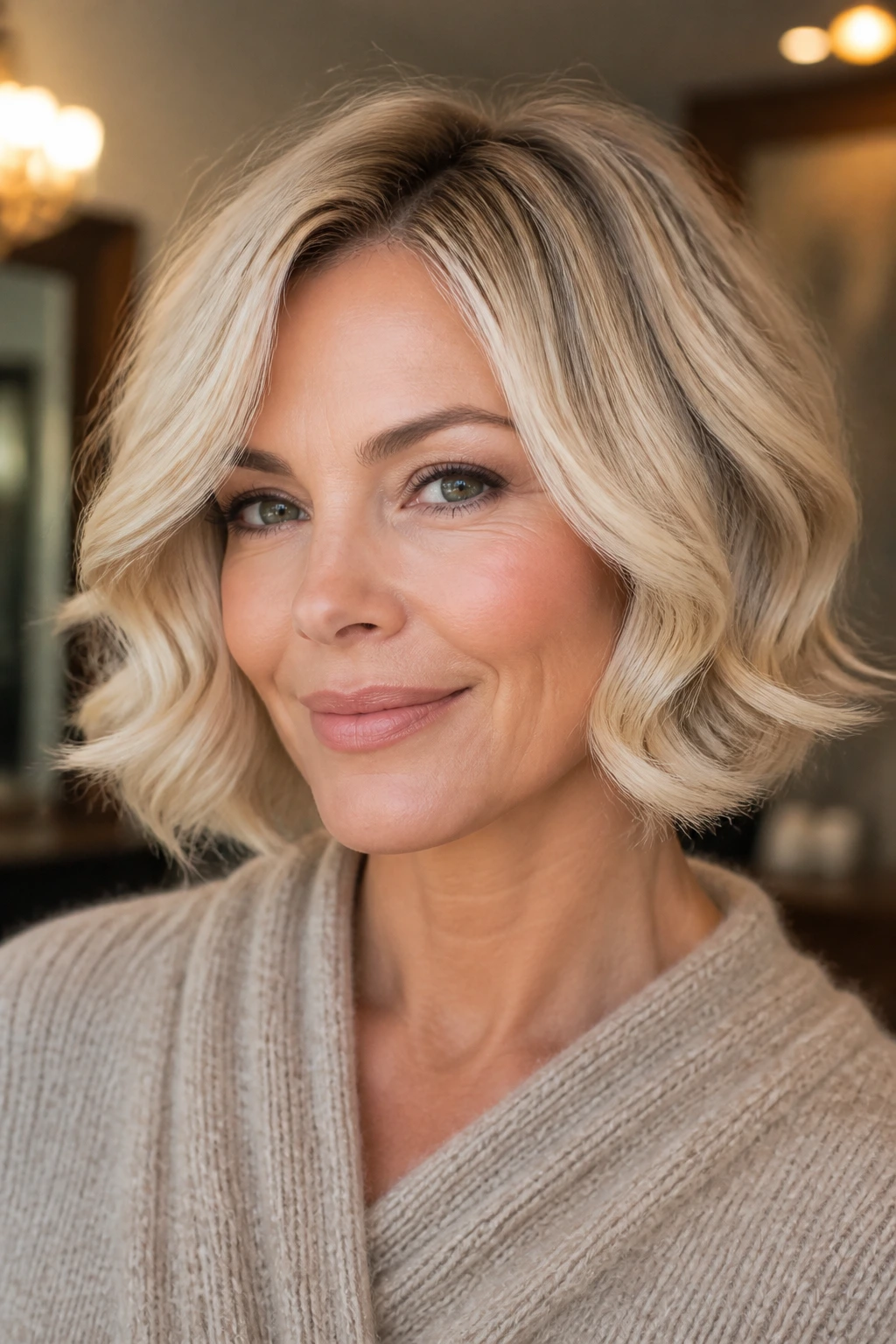 Portrait of a woman with champagne blonde bob and soft C-shape framing